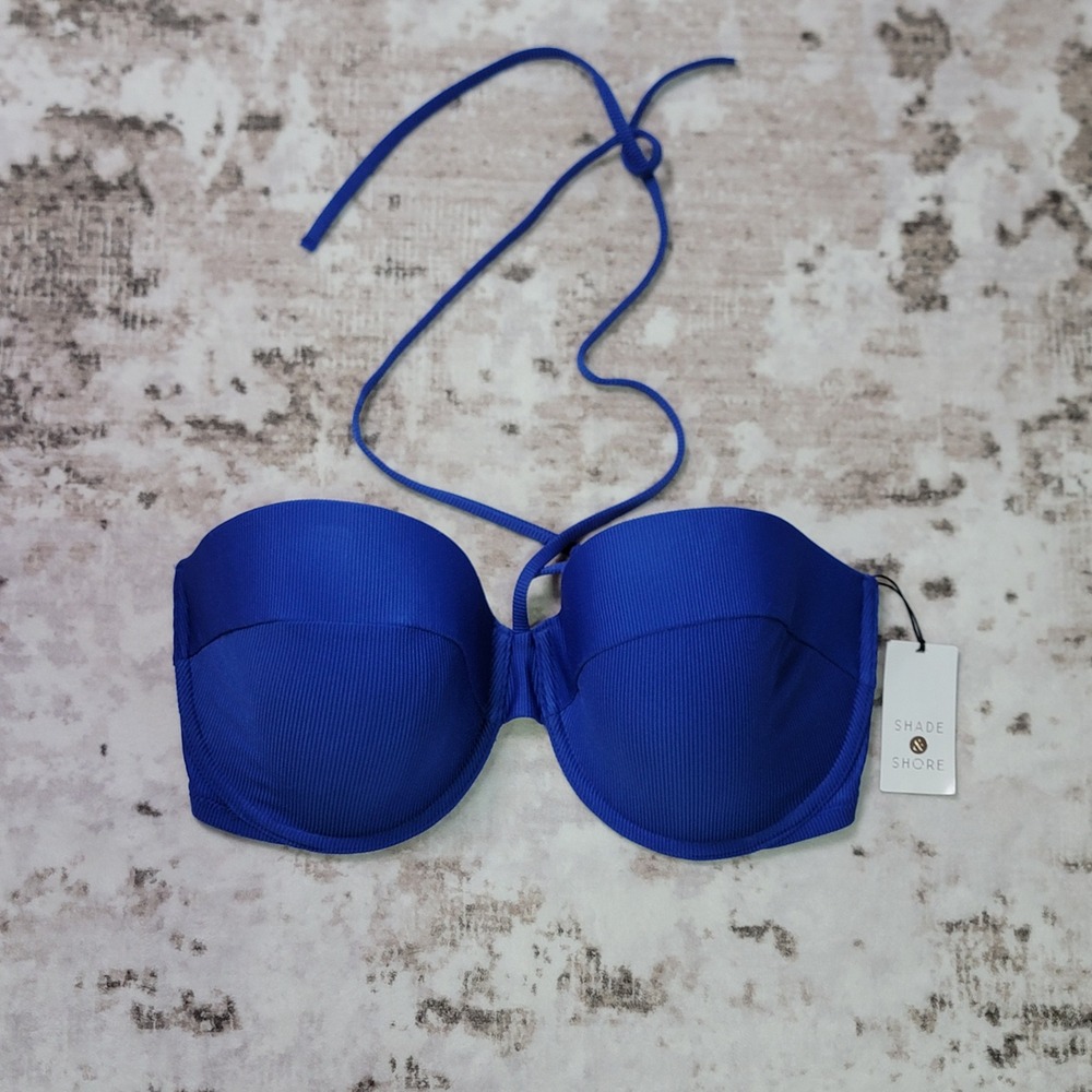 Shade & Shore Blue Bandeau Bikini Top 38DD Ribbed Strapless Halter Swim NWT